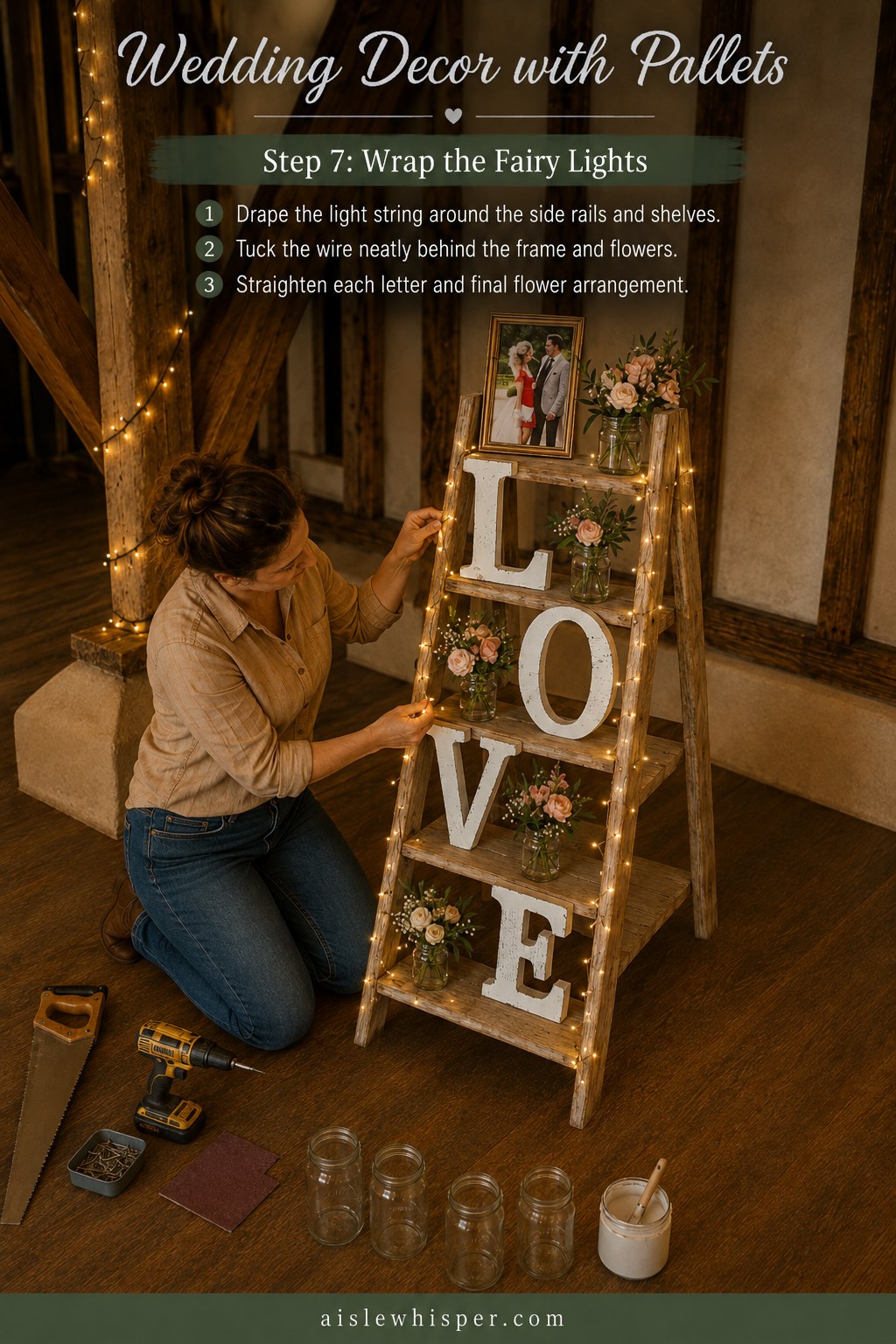 Wrapping fairy lights around the pallet ladder shelf, the final wedding decor with pallets touch