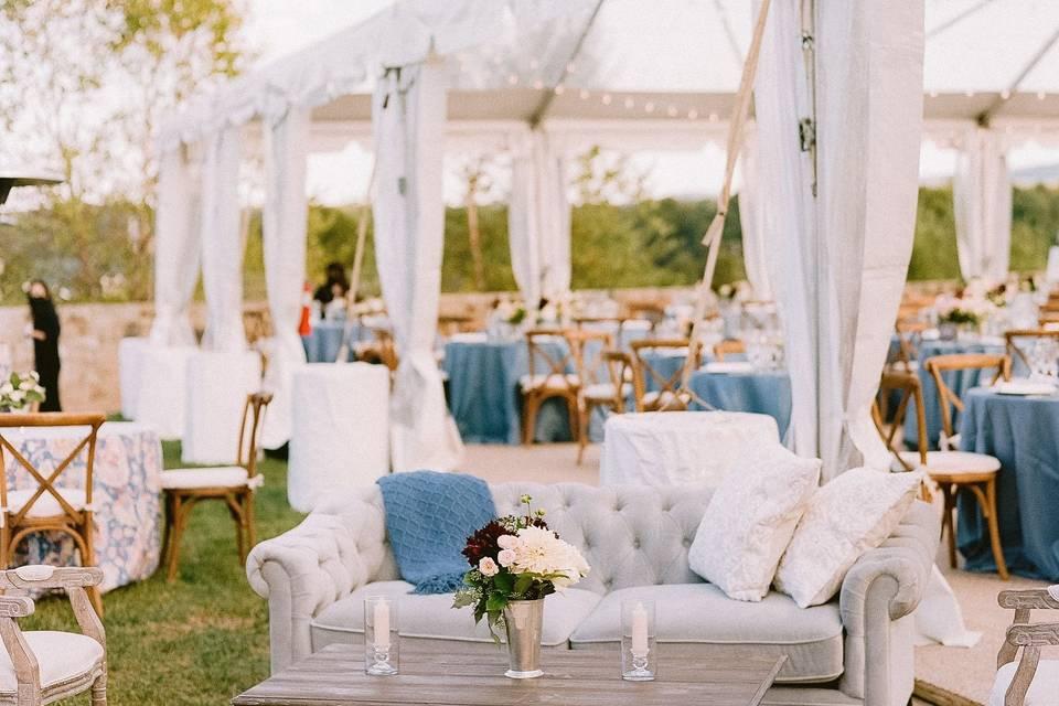 Outdoor lounge area wedding marquee