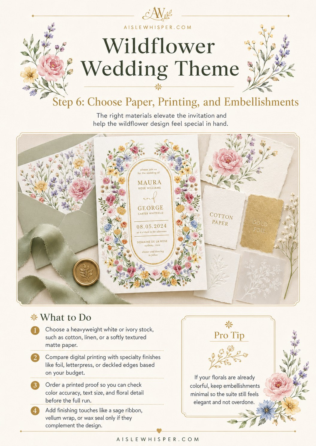 Paper stock and printing samples, including cotton paper and wax seals, for a wildflower wedding theme suite.