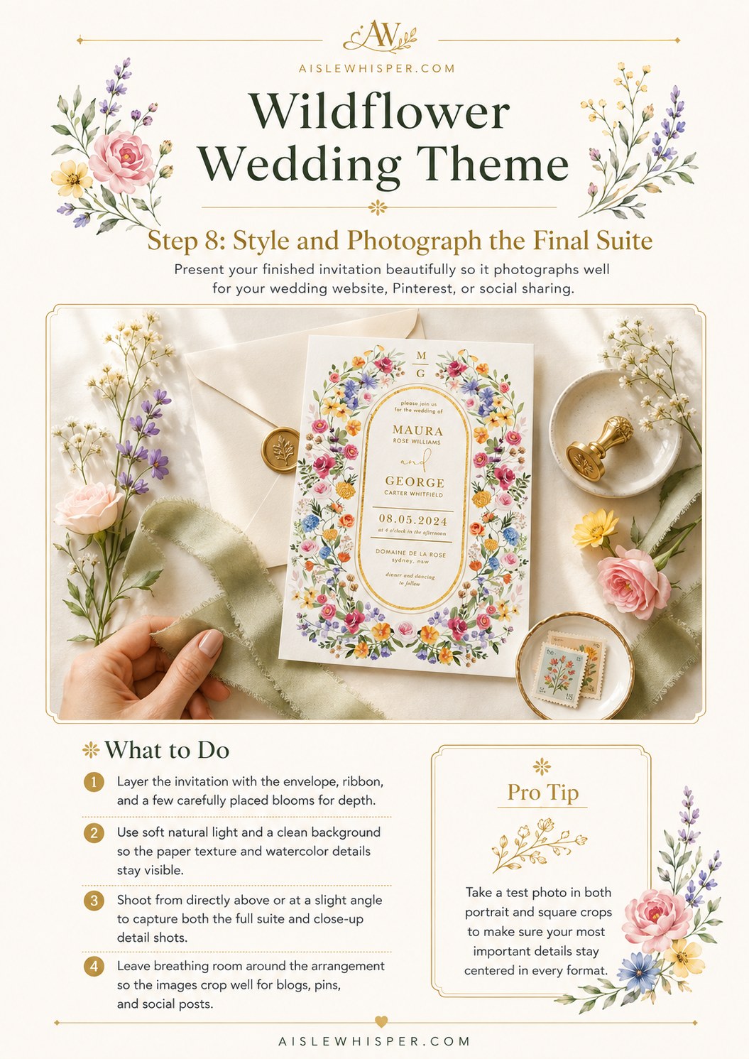 A styled flat lay of the finished wildflower wedding theme invitation suite ready for photographing.