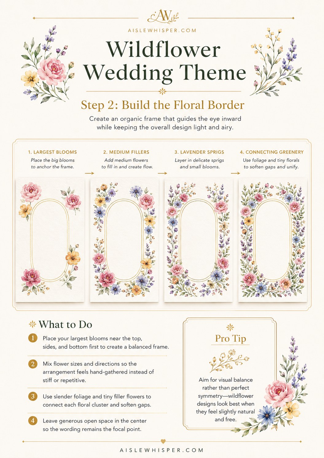 Four stages of building a floral border frame for a wildflower wedding theme invitation.