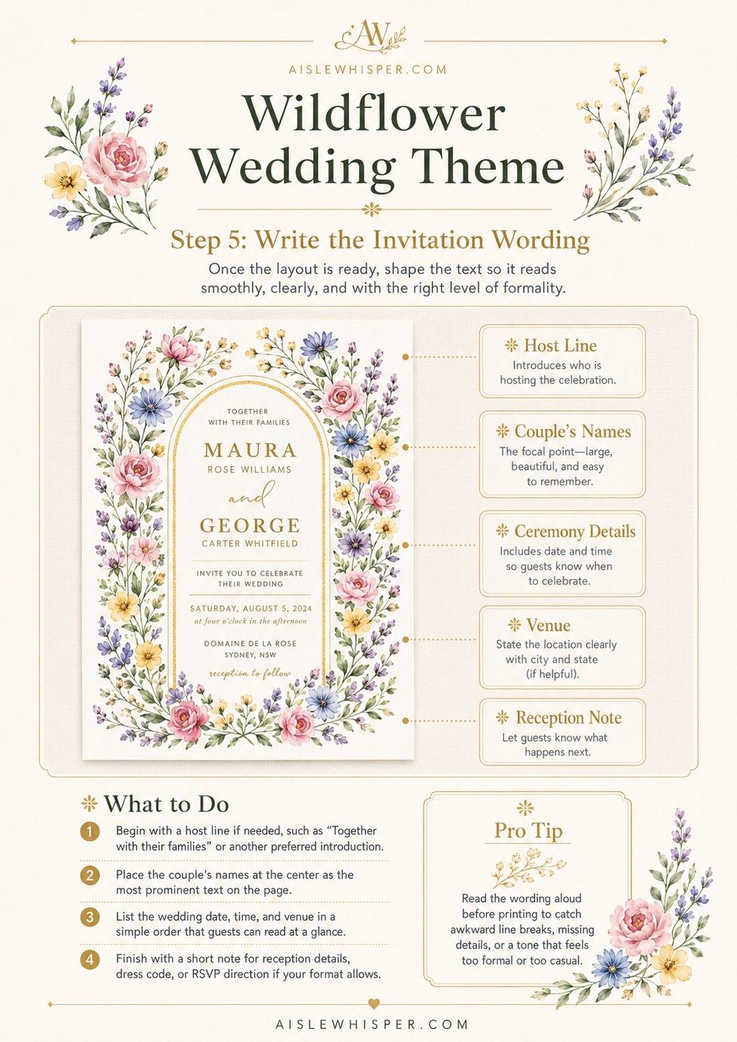 Sample wording layout showing host line, names, and details for a wildflower wedding theme invite.