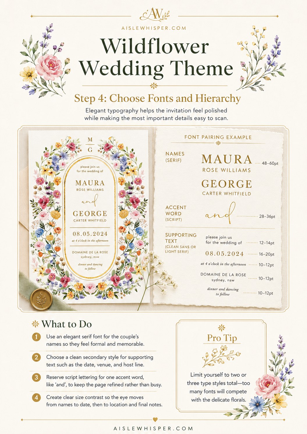 Font pairing chart showing elegant serif and script typography for a wildflower wedding theme invitation.