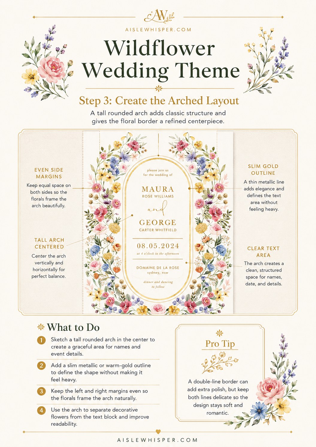 An arched floral layout centering the couple's names within a wildflower wedding theme invitation.