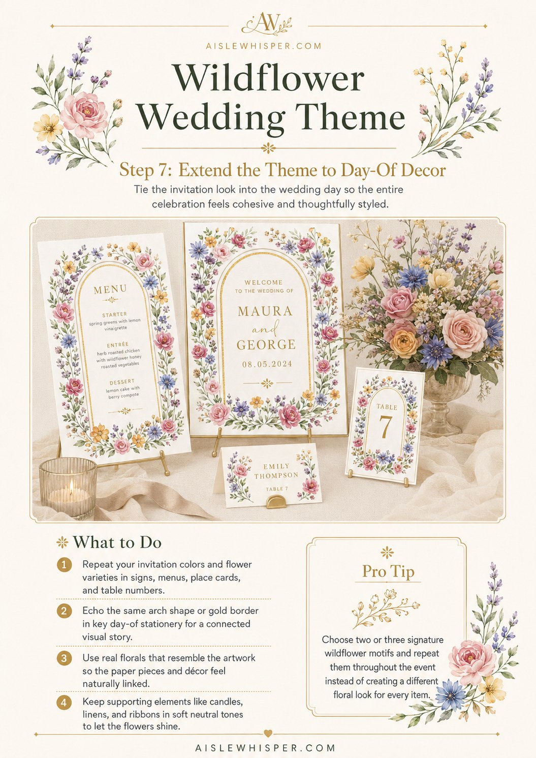 Wildflower wedding theme decor extended to menus, place cards, table numbers, and a floral centerpiece.