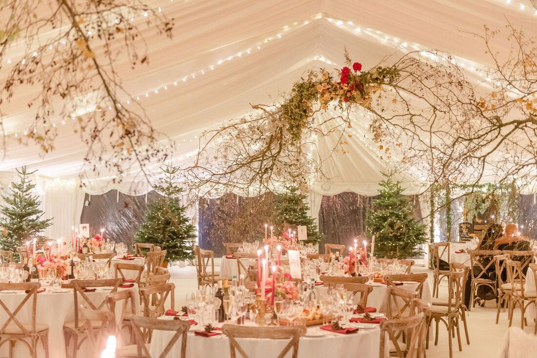 Winter wedding marquee warm lights