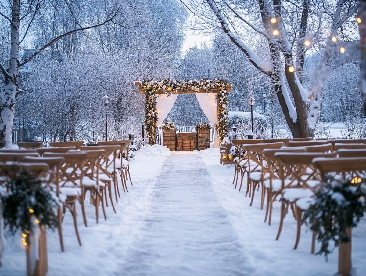Winter wonderland backyard wedding setup